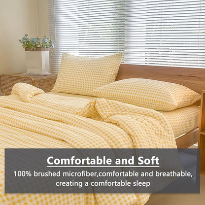NSNLGSGC Queen Comforter Set, Yellow Gingham Bedding Comforter Sets, Yellow Grid Bed Comforter 3 Pieces (1 Comforter, 2 Pillowcases)