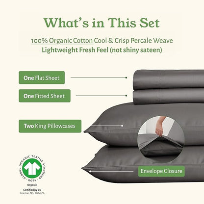 California Design Den King Bed Sheets Set - Soft 100% Organic Cotton Sheets with Deep Pockets, Crisp Percale, Breathable and Durable Bedding Set - Grey
