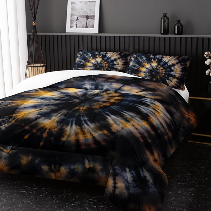 Dark Tie Dye Comforter Sets Full Size,Yellow Fission Graffiti Bedding Set for Your Room,Abstract Soft Lightweight Quilted Set All Season 1 Comforter and 2 Pillowcases