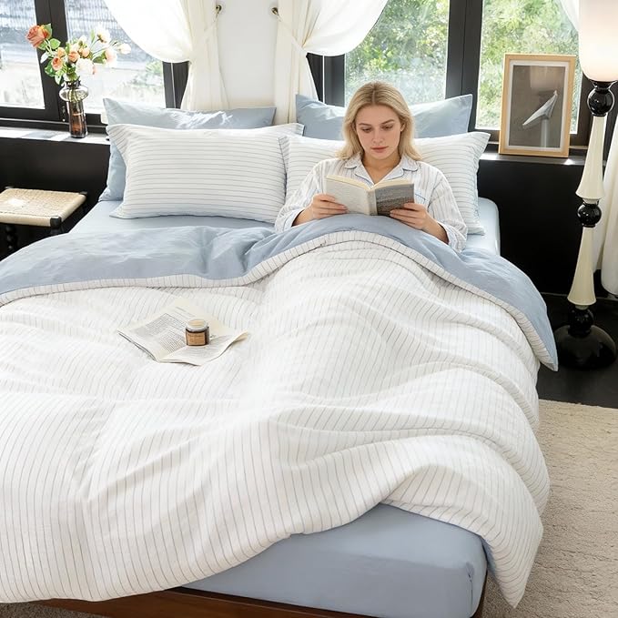 Reversible Duvet Cover Set 100% Washed Cotton Sky Blue Stripe Linen Feel Duvet Cover Queen Size with Zipper Closure & 2 Pillow Shams,Sky Blue/White Stripe Reverse Solid Sky Blue