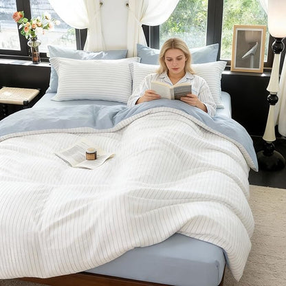 Reversible Duvet Cover Set 100% Washed Cotton Sky Blue Stripe Linen Feel Duvet Cover Twin Size with Zipper Closure & 2 Pillow Shams,Sky Blue/White Stripe Reverse Solid Sky Blue
