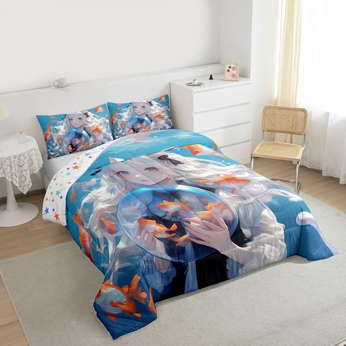 Erosebridal Japanese Girl Comforter 3D Printed Design Bedding Comforters & Sets for Kids Girls Boys - Anime Gifts, Cartoon Design Duvet Insert Kawaii Anime Girls Decorations Quilt Full 3Pcs