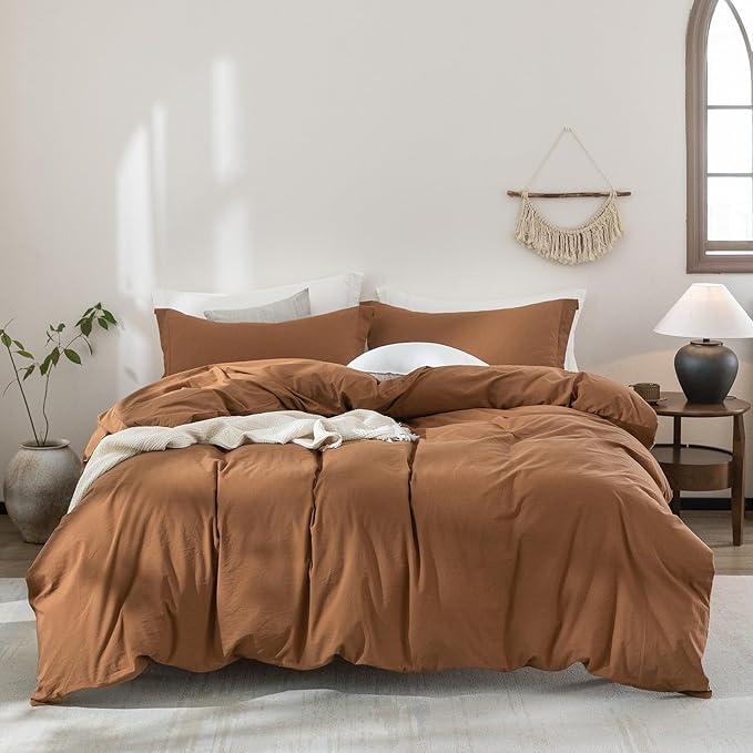 100% Washed Cotton Dark Orange Duvet Cover Queen Size Bedding Set Cover 1 Duvet Cover with Zipper Closure and 2 Pillowcases, 90inch x 90inch