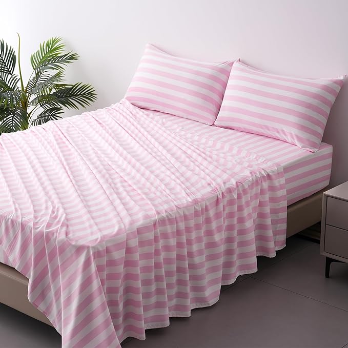 Best Season Bed Sheet Set 4 Piece -Full Size-Soft Durable Microfiber Bedding Sheet Set,Deep Pocket,Stain,Fade & Wrinkle Resistant Green and White Pinstripe (Stripe Pink&White)