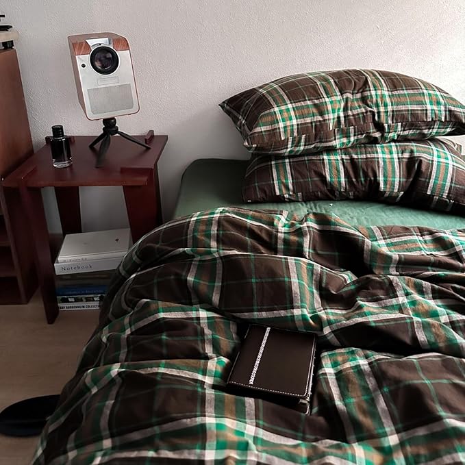 Brown & Green Buffalo Plaid Duvet Cover Set Twin 3 Piece Vintage Checkered Grid Bedding Set 100% Washed Cotton Plaid Comforter Cover Farmhouse Grid Pattern Breathable Duvet Cover with 2 Pillowcases