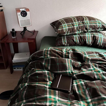 Brown & Green Buffalo Plaid Duvet Cover Set Twin 3 Piece Vintage Checkered Grid Bedding Set 100% Washed Cotton Plaid Comforter Cover Farmhouse Grid Pattern Breathable Duvet Cover with 2 Pillowcases