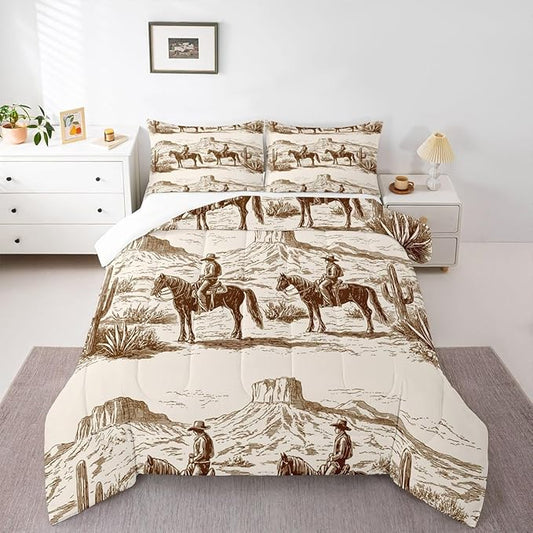 Wild West Comforter Set King Cowboys Bedding For Man Teens Boy American Western Desert Hunting Horse Riding Bedding Comforter Sets Hand Drawn Illustration Mountain Cactus Room Decor Duvet Insert