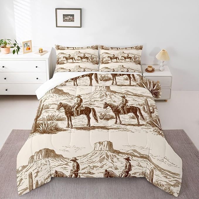Wild West Comforter Set Full Cowboys Bedding For Man Teens Boy American Western Desert Hunting Horse Riding Bedding Comforter Sets Hand Drawn Illustration Mountain Cactus Room Decor Duvet Insert