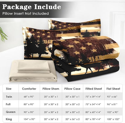 7 Pcs Queen Size Comforter Set with 2 Pillowcases & 2 Shams, Retro Hunting Deer Bedding for Kids and Adults, American Flag Animal Bed in a Bag with Flat Fitted Sheet
