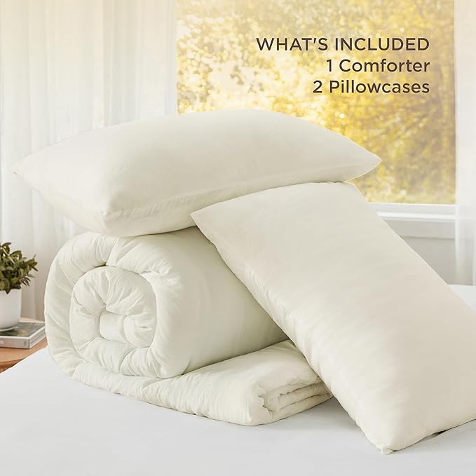 Bedsure Full Comforter Set, Ivory Soft Prewashed Bedding for All Seasons, 3 Pieces GentleSoft™ Bed Set, 1 Lightweight Comforter (82"x86") and 2 Pillowcases (20"x26")