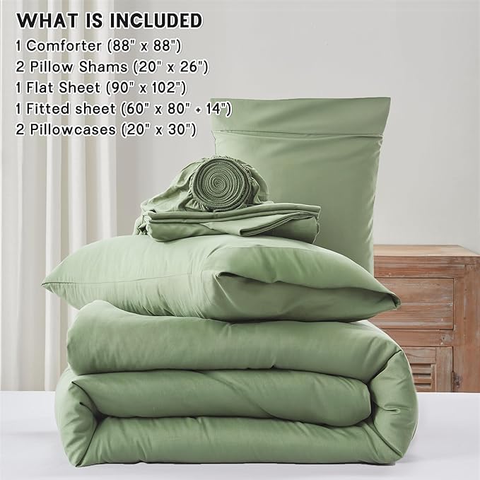 Anluoer Sage Green Queen Comforter Set 7 Pieces, Bed in a Bag with Sheets, All Season Bedding Sets with 1 Comforter, 2 Pillow Shams, 2 Pillowcases, 1 Flat Sheet, 1 Fitted Sheet