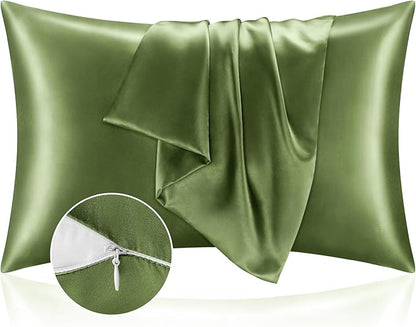 BEDELITE Satin Pillowcase with Zipper, Cedar Green Pillow Cases Queen Size Set of 2, Super Soft and Cooling Similar to Silk Pillow Cases, Gift for Women Men(20x30 Inches)