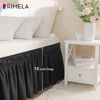 RIMELA Black Bed Skirt Twin Size 15 Inch Drop, Elastic Bed Skirting for Bed Base and Frame, Bedding Dust Ruffle Easy to Install, Lightweight Wrap Around Adjustable Bedskirt