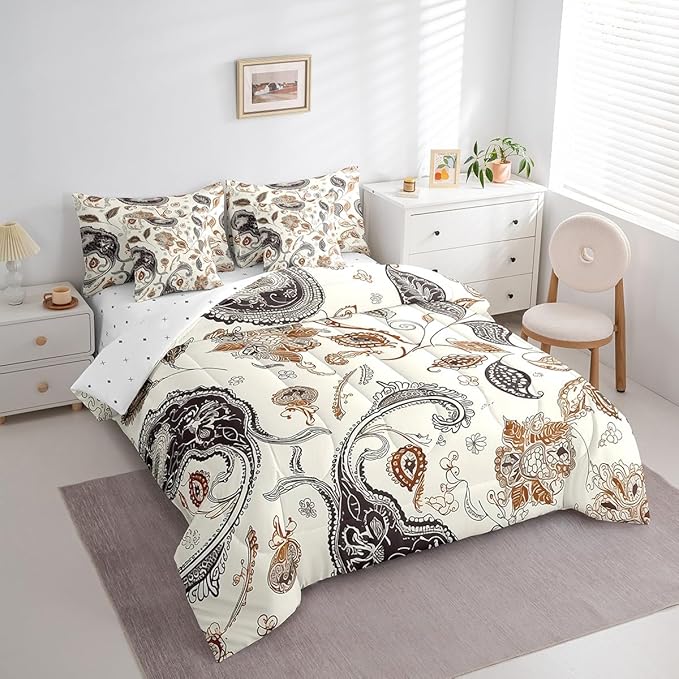 Paisley Flowers Comforter Set 7 Pieces,Western Floral Boho Bed Set,Rustic Botanical Plants Bedding Bed in a Bag,King (1 Comforter,2 Pillowcase,2 Pillow Covers,1 Flat Sheet,1 Fitted Sheet)