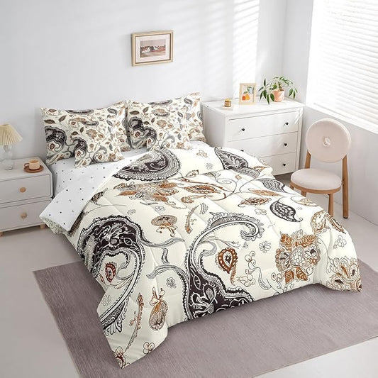 Paisley Flowers Comforter Set 7 Pieces,Western Floral Boho Bed Set,Rustic Botanical Plants Bedding Bed in a Bag,Twin (1 Comforter,2 Pillowcase,2 Pillow Covers,1 Flat Sheet,1 Fitted Sheet)