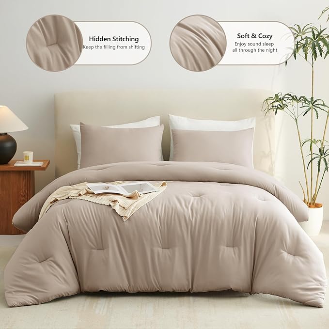 CozyLux King Size Comforter Set Wheat, 3 Pieces Solid Comforters King Size Breathable Quilted Bedding Sets, Luxury Soft Lightweight Bed Set with Down Alternative Comforter and 2 Pillowcases All Season
