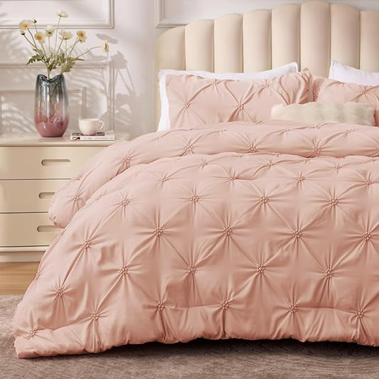 BEDELITE Dusty Pink Comforter Set Full - 3 Peices Boho Pintuck Bedding Comforter Sets, Lightweight Soft & Warm Twin Bedding Sets with 2 Pillowcase for All Season