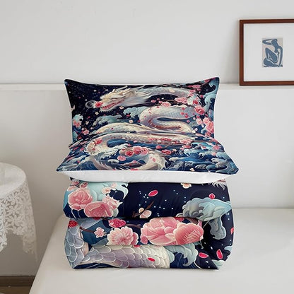 Dragon Bedding Set Full Size,Pink Cherry Blossom Japanese Ukiyoe Comforter Set 3Pcs,Kids Girls Boys Teens Home Decor,Ocean Sea Wave Quilt Set Western Wildlife White Dragon Duvet Insert,2 Pillowcases