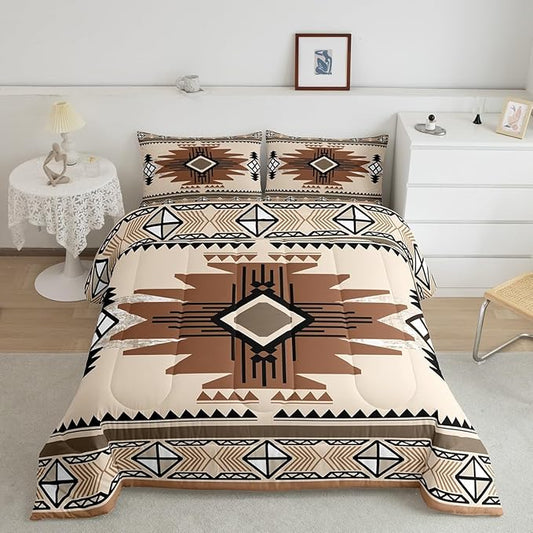 Feelyou Boho Comforter Set King Size Southwest Native American Design Comforter Southwestern Geometric Bedding Set Western Decor Duvet Set Room Decor Beige Brown Quilt Set
