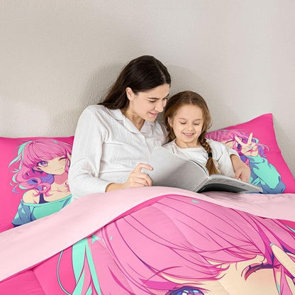 Erosebridal Japanese Anime Bedding 3D Anime Girl Comforter Set, Kawaii Japanese Style Bedding Comforter Sets Cartoon Uniform Girl Duvet Insert for Girls Hot Pink Room Decor, King