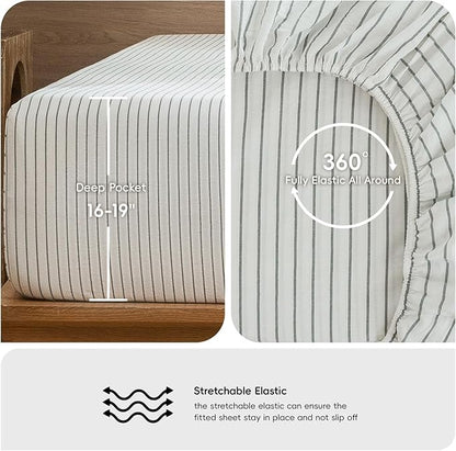MooMee Stripes Fitted Bottom Sheet Only 100% Washed Cotton Linen Like Textured Breathable Durable Soft Comfy Deep Pocket (White Heathered Green Wide Stripes, King)