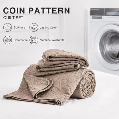 Love's cabin Oversized King Size Quilt Bedding Set Burlwood Bedspreads - Oversized King Lightweight Bedspread Comforter - Coin Pattern Coverlet for All Season - 3 Pieces (1 Quilt, 2 Pillow Shams)