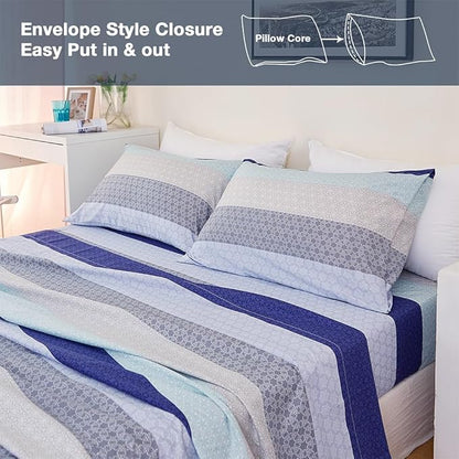 JSD Blue Striped Sheet Set King Size, 4 Piece Soft Printed Microfiber Sheet Set Extra Deep Pocket