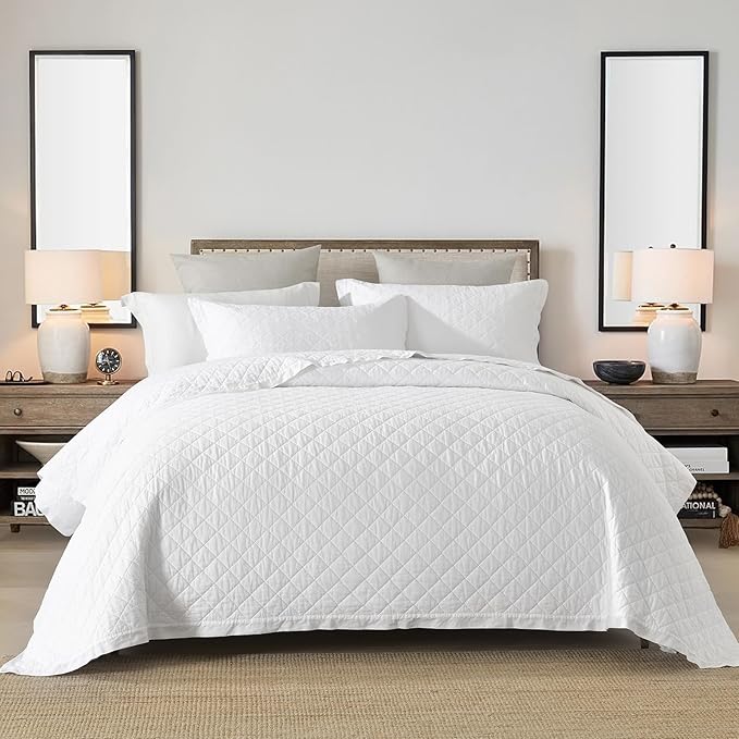 SahSahCasa Quilt Set King Size, 100% Cotton Quilt Bedding Set Bedspread, Diamond Pattern Stitching Solid Color Chic Lightweight Quilted Comforter for King Bed, White, All Season, 3 Pieces