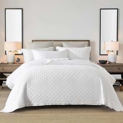 SahSahCasa Quilt Set King Size, 100% Cotton Quilt Bedding Set Bedspread, Diamond Pattern Stitching Solid Color Chic Lightweight Quilted Comforter for King Bed, White, All Season, 3 Pieces