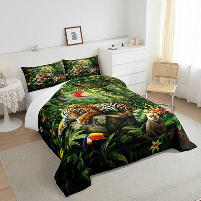 3D Tiger Comforter Set King Size,Monkey Parrot Wild Animals Bedding Set,Tropical Palm Tree Jungle Quilt Set for Kids Boys Girls Adult Bedroom Decor,Nature Wildlife Theme Duvet Insert,2 Pillowcases