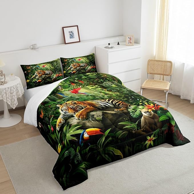 3D Tiger Comforter Set Full Size,Monkey Parrot Wild Animals Bedding Set,Tropical Palm Tree Jungle Quilt Set for Kids Boys Girls Adult Bedroom Decor,Nature Wildlife Theme Duvet Insert,2 Pillowcases