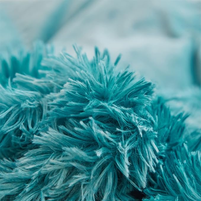 Wajade Faux Fur Plush Tie Dye Teal Comforter Set Fluffy Fuzzy Shaggy Bedding Set - 3PC Full Size Microfiber Soft Warm Quilt Set