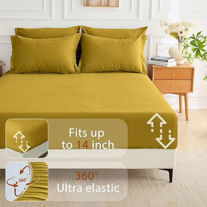 MUXHOMO 7 Pieces Queen Comforter Set, Soft Bed in a Bag Queen Size, All Season Bedding Set with Comforter, Flat Sheet, Fitted Sheet, Pillowcases & Shams, Mustard Yellow