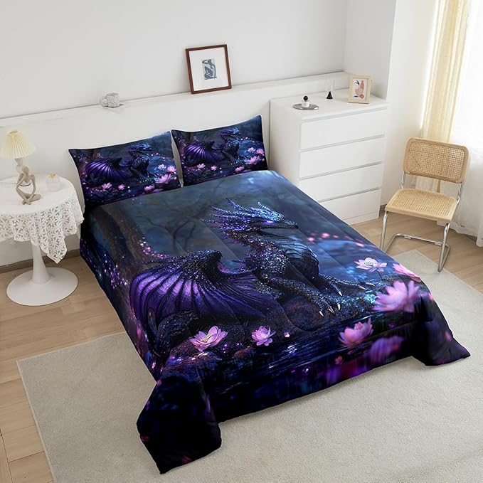 Feelyou Dragon Comforter Set Full Size Dragon Stuff Comforter for Boys Girls Teens Wild Life Bedding Set Flower Duvet Set Room Decor Black Purple Quilt Set