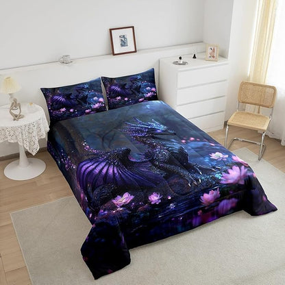 Feelyou Dragon Comforter Set Toddler Size Dragon Stuff Comforter for Boys Girls Teens Wild Life Bedding Set Flower Duvet Set Room Decor Black Purple Quilt Set