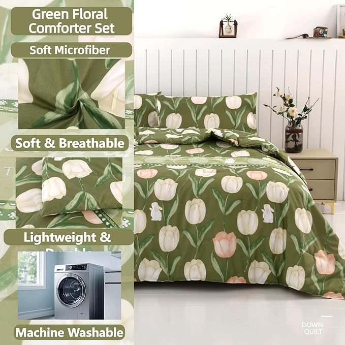 SDIII Rabbit and Green Floral Comforter Set Queen 3 Pieces, Soft Microfiber Green Floral Comforter Queen Size, Botanical Bedding Set All Season