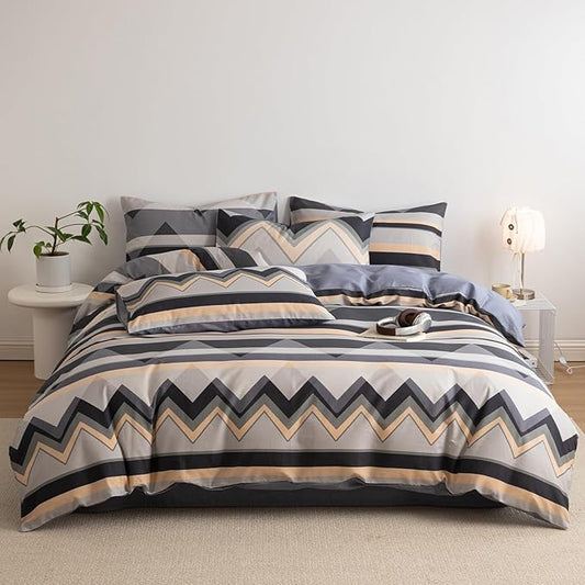 Boho Twin XL Duvet Cover Set Grey Cotton Comforter Cover Twin XL Neutral Soft Chevron Pattern Zipper Duvet Cover Set with Corner Ties Farmhouse Teen Boy Bedding Set Modern Duvet Protector