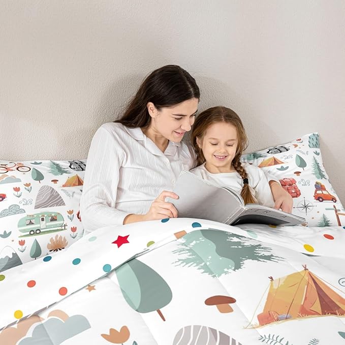 Kids Happy Camping Comforter Set Queen, Camper Bedding for Travel Trailers, Travel Car Rv Down Comforter, Botanical Floral Mountain Adventure Quilt, Cartoon Camper Car Duvet Insert Bedroom Decor 3Pcs