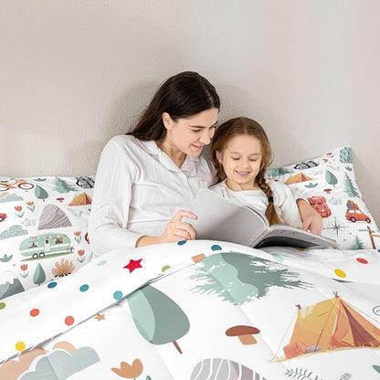 Kids Camping Comforter Set King, Car Bedding Set for Boys Girls, Travel Car Camper Accessories Bed Set, Botanical Floral Mountain Adventure Quilt, Cute Camper Duvet Insert Rv Decoration 3Pcs