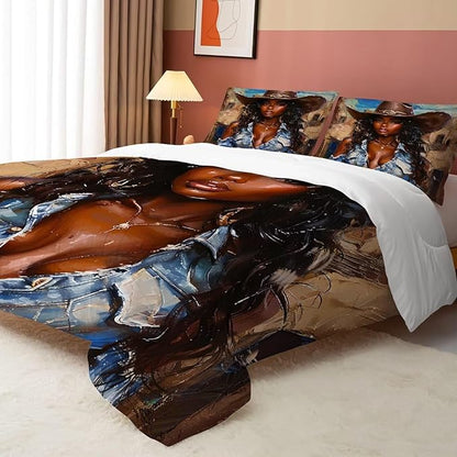 Black Girls Comforter Set Full: Western Bedding Set for Cowboys Women Girls African American Bed Bedroom Dorm Fashion Quilt 1 Comforter + 2 Pillow Cases