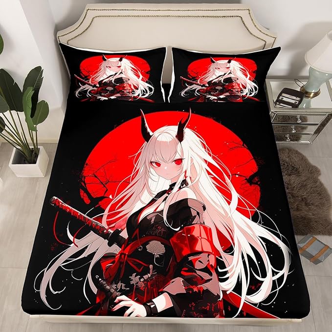 Erosebridal Full Japanese Anime Bedding Set for Kids, Anime Girl Bed Sheets Kawaii Japanese Style Fitted Sheet Cartoon Japan Animation Bed Set for Boys Teen Adult Women Bedroom,Red Black