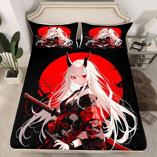Erosebridal Full Japanese Anime Bedding Set for Kids, Anime Girl Bed Sheets Kawaii Japanese Style Fitted Sheet Cartoon Japan Animation Bed Set for Boys Teen Adult Women Bedroom,Red Black