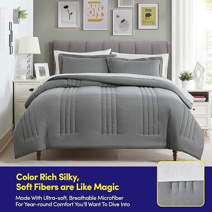 Queen Comforter Set Quilted Stripe Bedding Bundle – Comforter, Mattress Protector, Sheets with Pockets on the Side & Built-in Corner Strap – Fitted Sheet Media Pocket for Devices, Gray/Silver