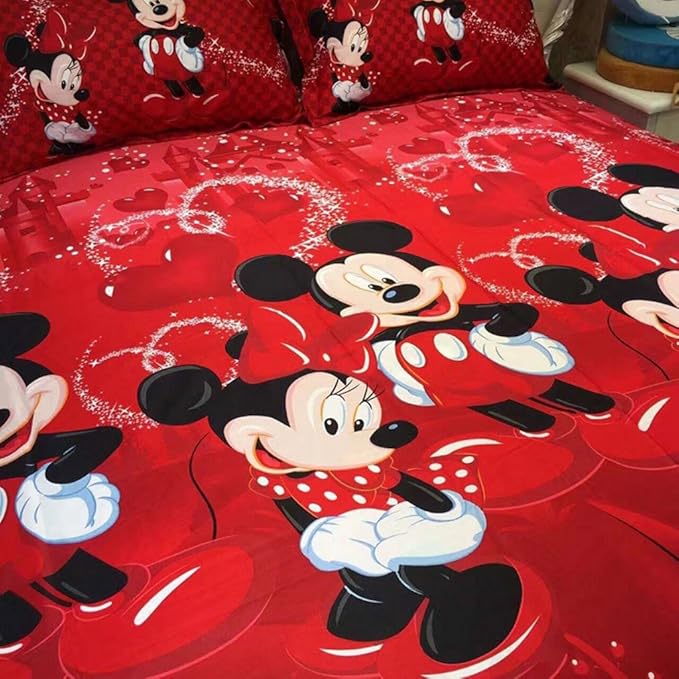 100% Cotton Kids Reversible Printing Mickey Mouse Couples Duvet Cover 3PCS Bedding Set with Zipper Closure,Queen(No Comforter)