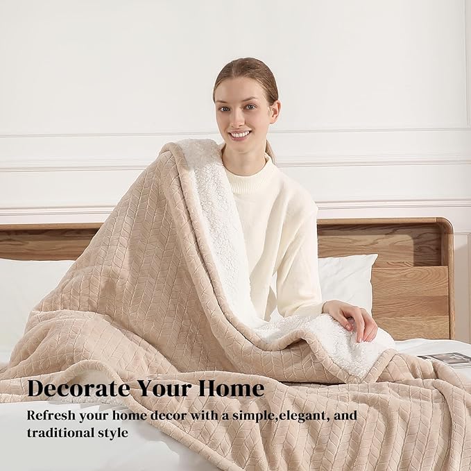 Electric Throw Blanket Heated Throw 50''x60''- Wheat Pattern Flannel & Sherpa Heated Lap Blanket with 5 Heat Settings & 4-Hour Auto Shut-Off, ETL & FCC Certified, Machine Washable Home Use, Beige