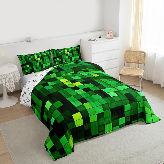 Manfei Pixelated Blocks Miners Girls Bedding Set Twin Size, Video Games Game Gamepad Comforter Set，Geometric Grid Patchwork Quilt Comforter Girls Boys Teens,Green Room Decor All Season,1 Pillowcase