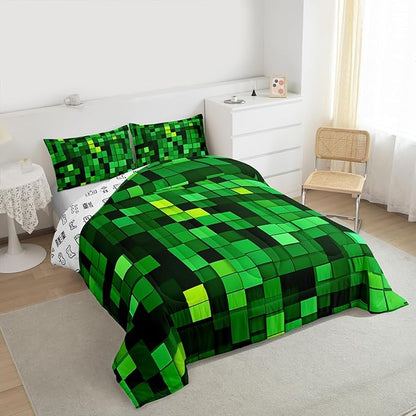 Manfei Pixelated Blocks Miners Girls Bedding Set Twin Size, Video Games Game Gamepad Comforter Set，Geometric Grid Patchwork Quilt Comforter Girls Boys Teens,Green Room Decor All Season,1 Pillowcase