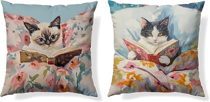Funny Cat Reader Book Pillow Cover 18 x 18 Set of 2, Reading Nook Corner Decor, Gifts for Book Lovers, Preppy Floral Black White Cats Bookish Pillowcase（02）