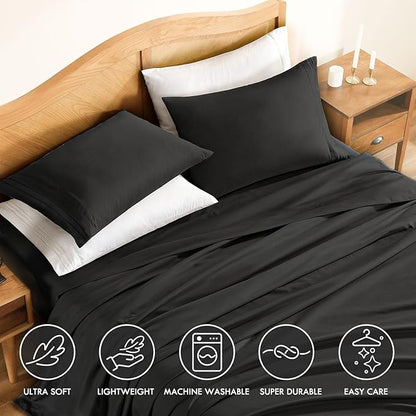 ClevaHome Queen Sheet Set, 4-Piece Bed Sheets for Queen Size Bed, Lightweight & Super Soft Easy Care Microfiber– Shrinkage & Fade Resistant Bedding Set with 14'' Deep Pockets (Black)