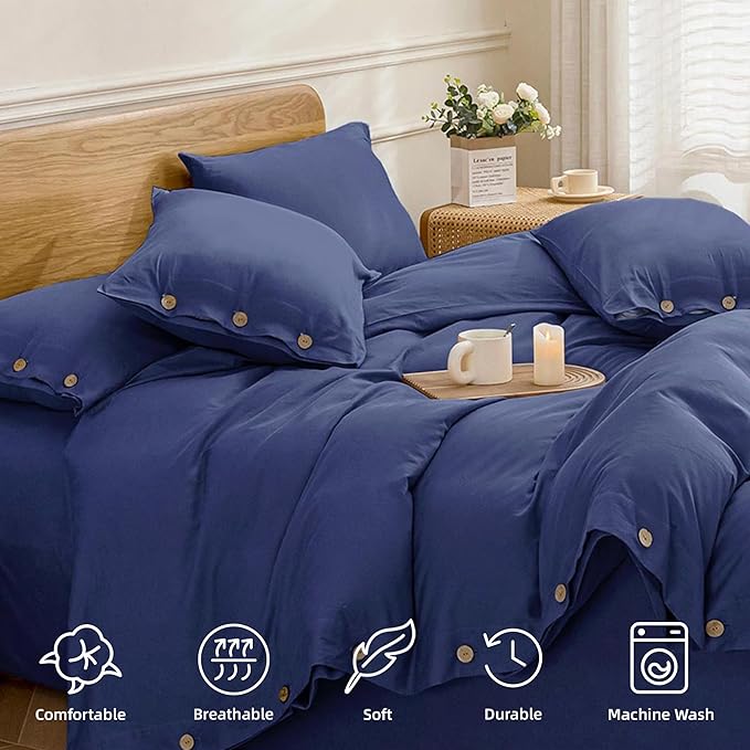 JELLYMONI Cotton Duvet Cover Cal King Size - Navy Blue Comforter Cover with Button 100% Washed Cotton 3PCS Breathable Soft Solid Bedding Set Duvet Cover 104×98in & 2 Pillowcases (NO Comforter)